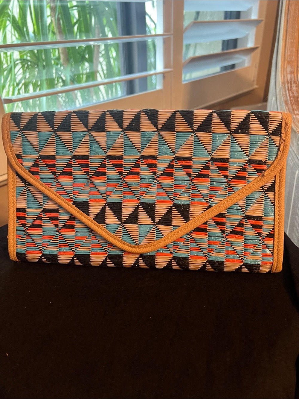 Natasha Couture Turquoise, Black & Tan Woven Geometric Envelope Clutch